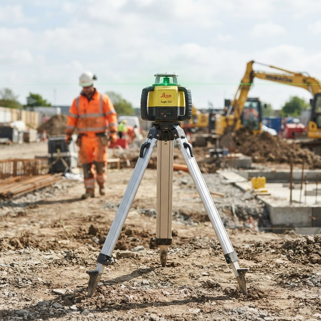 Rotating laser set up on a tripod on a building site