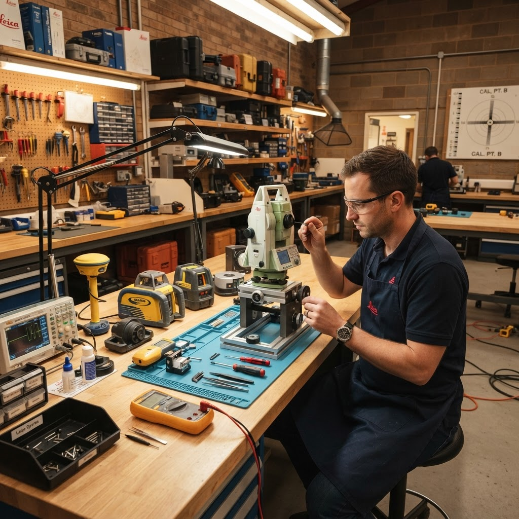 Reconditioned rotating laser on the workshop bench with its receiver, charger and case